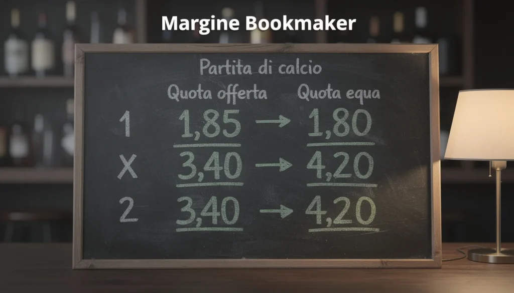 Schema del margine del bookmaker con calcolo dell'overround su una partita di calcio e confronto tra quote eque e quote offerte